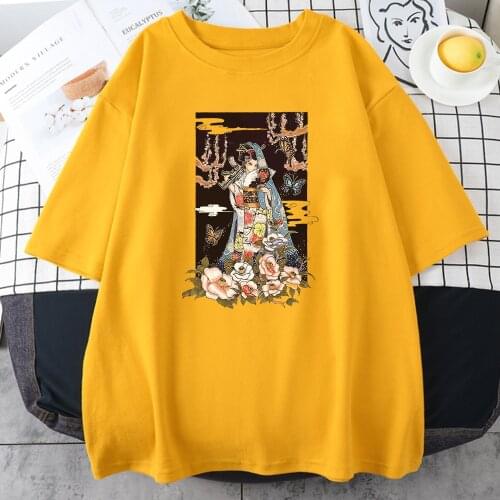 Japan Culture Geisha Printing Womens Tshirts Spring Summer Loose Clothing Cartoon Style Soft Tshirt Fashion Womens t-Shirts