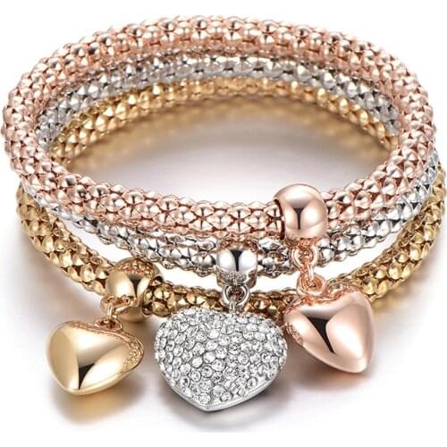 3 Color Set Heart Pendant Corn Chain Bracelet Bangles Crystal Rhinestone Zircon Elastic Popcorn Bracelet Fashion Jewelry