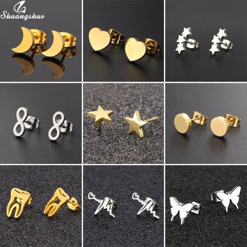 Shuangshuo Korean Fashion Stainless Steel Stud Earrings Women Jewelry Mini Cute Moon Star Heart Earring Piercing Girlfriend Gift