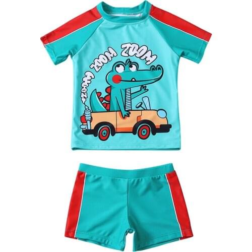2-8 Years Kids Boys Swimwear Swimsuit Fashion Two-piece Swimming Suit Short Sleeve Cartoon Crocodile Print Tops Short Set Summer