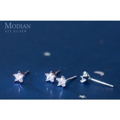 Modian Clear Stars Shape Cubic Zirconia Stud Earrings for Girls Fashion Ear Studs Jewelry 925 Sterling Silver Bijoux Brincos