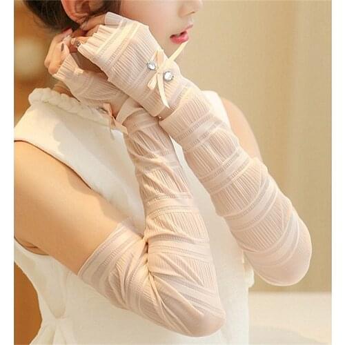 Gloves Women Summer Sun-protective Sleeves Ladies Outdoor Ice Silk Bowknot Pearl Breathable Long Arm Warmers