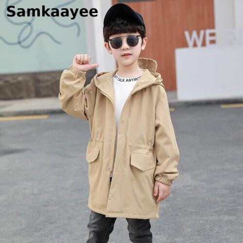 5-16y Kids Trench Spring Autumn Boys Hooded Jacket Long Windbreaker Childrens Solid Color Coats Outerwear Zipper Clothing Y50