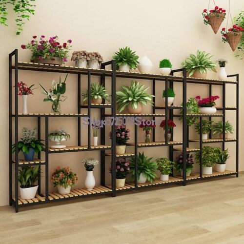 Wrought iron flower shelf multi-layer indoor solid wood living room balcony rack floor type multifunctional household shelf succ