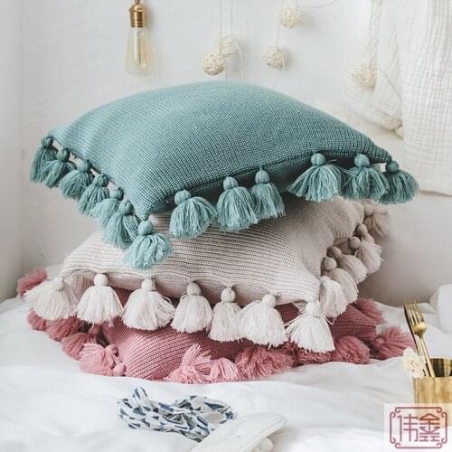 Simple Cushion Cover Brief Soft Pure Color Knitted Pillow Case Sweet Lantern Ball Tassel Home Decoration Pillow Cover 45*45cm