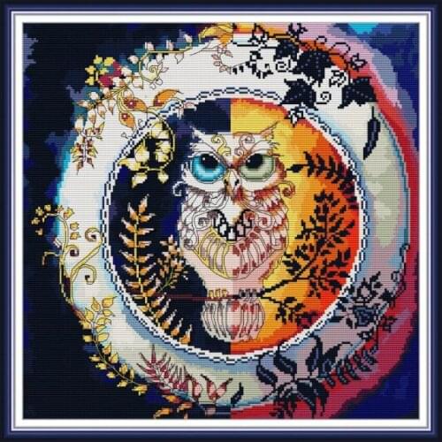 Joy Sunday Owl Printed Cross Stitch Kit Embroidery Day and Night Pattern 11CT 14CT Counted Fabric Home Needlework Decor Gift Set