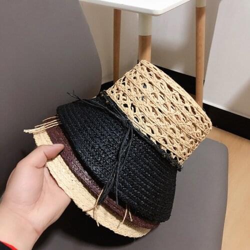 Fashion Summer Hat For Women Black Sun Protection Cap Female Flat Top Wide Brim Raffia Handmade Straw Hat Beach Bucket Sun Hat