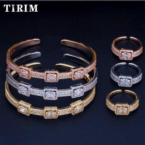 TIRIM Trendy Cubic Zirconia Bracelet Set Fashion Baguette Cuff Bangles Rings For Women Party Wedding Jewelry & Accessories