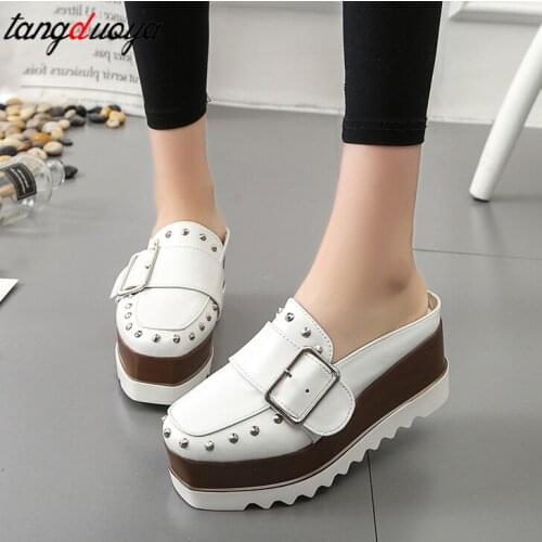 Ladies wedge slippers platform shoes High Platform Wedges Brown Slingbacks Pumps Fashion Thick Bottom Rivets Buckle Casual Shoes