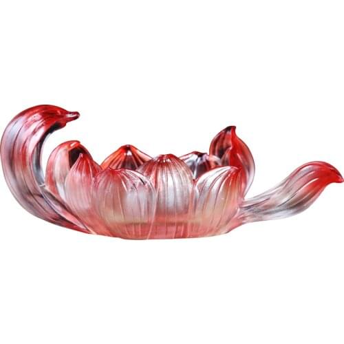High Quality Crystal Artistic Lotus Cup Glass Tea Base Colored Glaze Statue Fruits Cookie Tray Plate Dish Beautiful Living Room