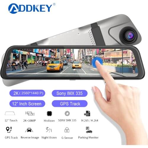 ADDKEY 12inch Touch Screen Car DVR stream media 2K Ultra HD GPS Dash camera Dual Lens Camera Recorder Rearview mirror 2560X1440P
