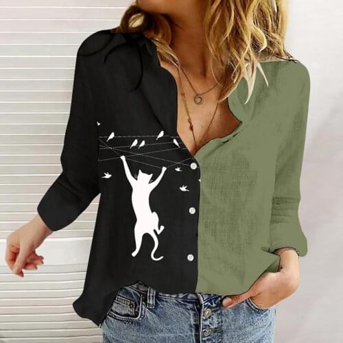 40# Kawaii Shirts Womens Button Elegant Casual Tops Fashion Loose Cat Print Pattern Long-sleeved Blouses Ropa De Mujer 2021