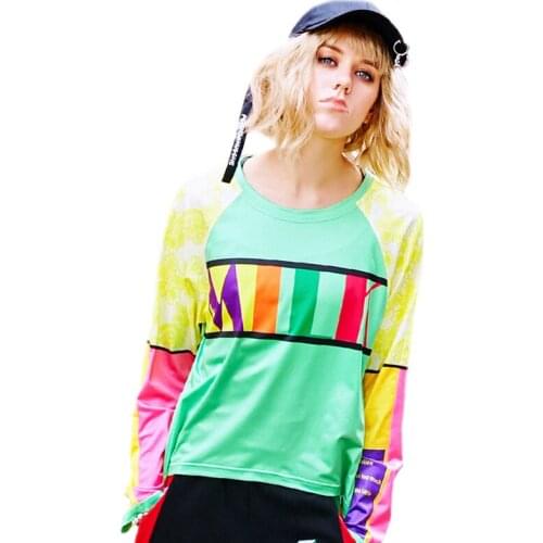 Female Spring Autumn Harajuku O-Neck Sweatshirts Ladies Fashion Hit Color Print Long Sleeve Tops Casual Loose Pullovers Z43