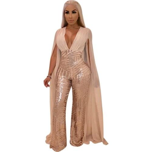 Sequined Cloak V-Neck Full Sleeve Winter women Lady Overalls Jumpsuits Outfits casual sexy fashion Bandage rompers Clubwear 868