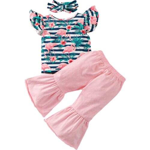 1-6Y Kids Baby Girls 3-piece Outfit Set Fly Sleeve Flamingo Print Tops+Flared Pants+Headband Set