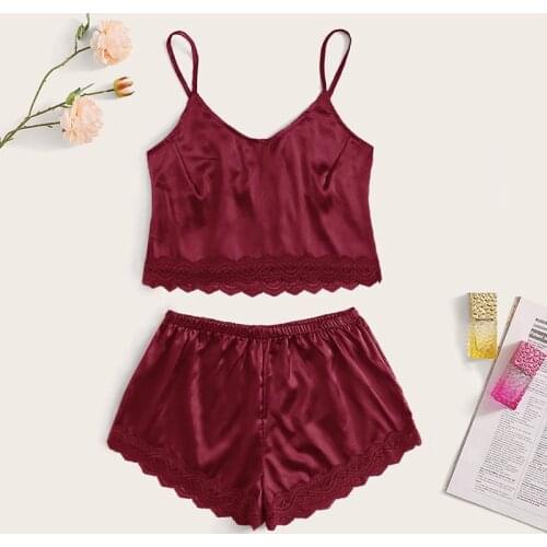 Women Sexy Pajamas Set Sexy Lace Spaghetti Strap Lingerie Sleepwear Silk Suit Casual V-Neck Female 2 Piece Nightwear Shorts Set
