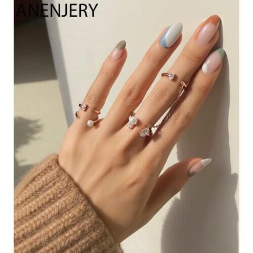 ANENJERY 925 Sterling Silver Chain Tassel Pearl Zircon Finger Ring for Women Korean Style Party Jewelry 2020 New Designs S-R907