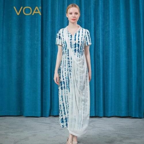 VOA 30m/m Silk Heavy V-neck Short Sleeve Asymmetric White Background Blue Vertical Bar Smudge Elegant Temperament Dress AE870