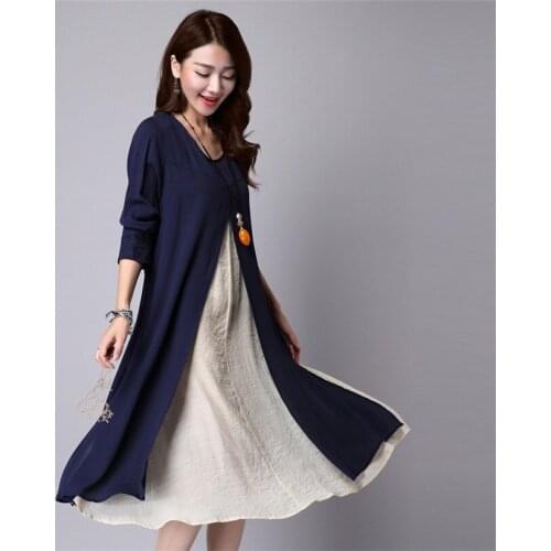Spring Autumn Vintage Cotton Linen Dress Women Casual Loose Long Dresses Embroidery Long Sleeve Dress Vestidos Plus Size AB752