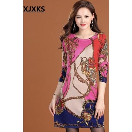 XJXKS Women Sweater Dress O-Neck Pull Femme Knitted Pullover High Quality Wool Print Sweater Women Casual Long Sweater