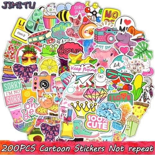 200 PCS Summer Girl Stickers Funny Cartoon Style Cute Pink PVC Decal Sticker DIY Laptop Luggage Motor Fridge Guitar Water Bottle