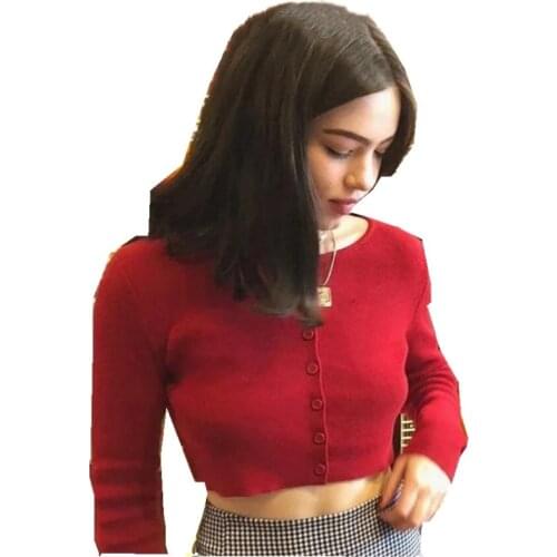 2019 Women Knitting Single-breasted Button Cardigan Sweater Vintage Exposed navel Short Knitwear Long sleeve Jumper Tops Sexy