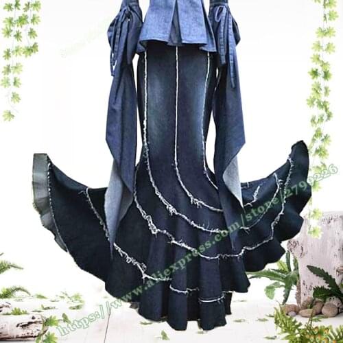 2020 Spring Female XXL Retro Vintage Sexy Denim Stitching Fishtail Wrap Ruffle Jeans Woman Maxi Long Ladies Skirt for Womens