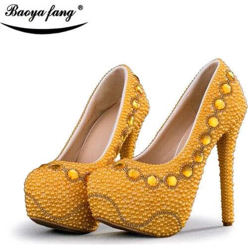 BaoYaFang Golden Beads Pearl womens wedding shoes Bride High heels shoes ladies big size party dress shoes woman Platform shoes