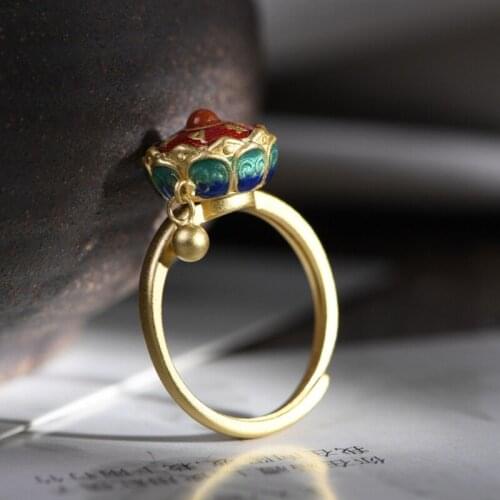 Buddhism Lotus Floral Enamel Rotating Cocktail Ring Buddhist Tibetan Prayer Wheel Ring OM Mantra Finger Ring Good Luck