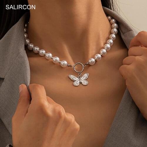 Salircon Butterfly Pendant Necklace Imitation Pearl Beeds Necklace Kpop Neck Chains Choker Necklace for Women Jewelry Gift 2020