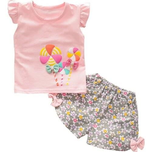 2020 Baby Summer Clothing Infant Newborn Kids Girl Sleeveless Windmill Bow-knot T-shirt Tee Flower Shorts Outfits 2Pcs Set