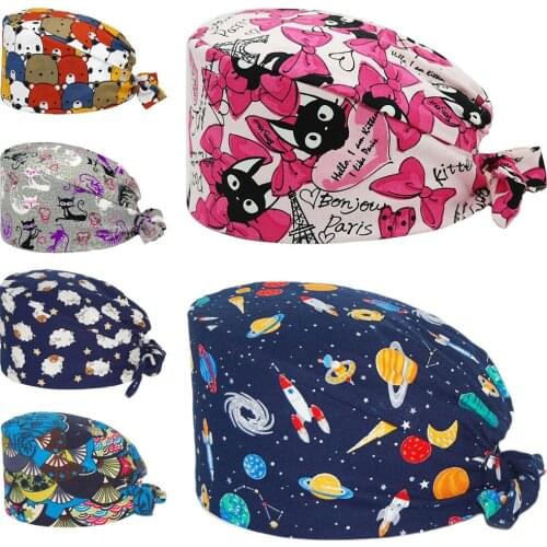 Women and Men Surgicals Caps Anime Print Adjustable Tie Back Elastic Nursing Hat Protect Long Hair Scrub Hats Nurse Accessories