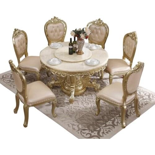 European round table solid wood villa luxury dining table champagne gold high-grade rotating belt turntable