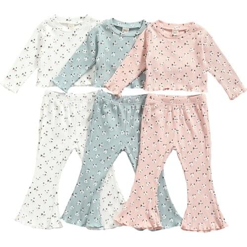 FOCUSNORM Lovely Kids Girls Clothes Sets 2pcs Flowers Printed Long Sleeve Pullover Tops Flare Pants Outfits 0-4Y
