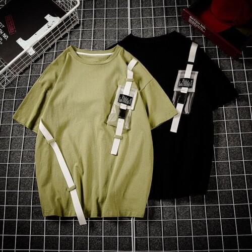 Patchwork Pockets Ribbons Streetwear T-shirt 2020 Summer Mens Funny Harajuku Designer Tees Men Black Tshirts Plus Size Green