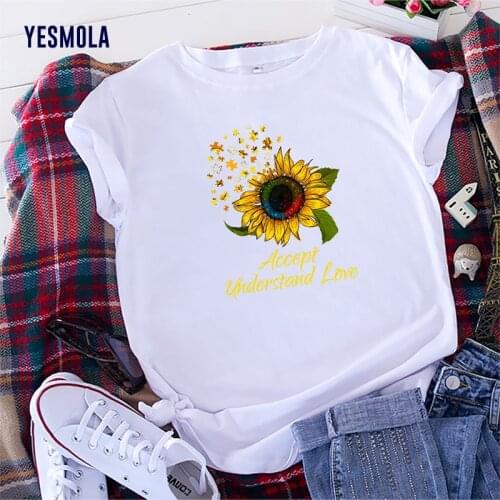 YESMOLA Women T-shirts Chrysanthemum Pattern Print TShirt Harajuku Vogue Female T-shirt Streetwear Tops Clothes Graphic T Shirts
