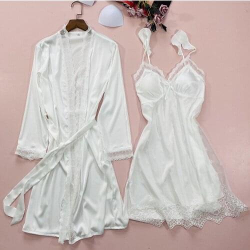 White Bride Wedding Robe Sets Satin Sexy Lace Kimono Gown 2PCS Faux Silk Strap Nightgown Women Summer Thin V-Neck Loungewear