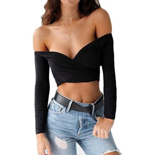 Sexy One Shoulder Crop Tops Womens Sexy Slim Long Sleeve Solid Top Shirts Femenino Camisole
