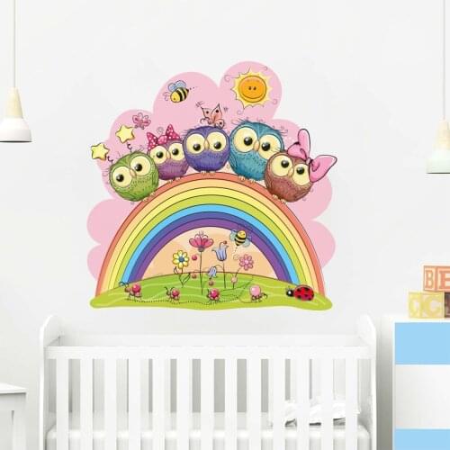Cute Owls, Rainbow Children and Baby Room Wall Adhesive Pvc Nursery Home Decor Self-Adhesive Wallpaper Landscape
