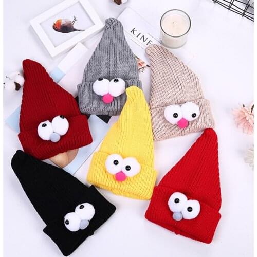 Mingjiebihuo New fashion boy girl hat autumn and winter wool cap Korean cute cartoon big eyes knit hat warm adjustable head cap