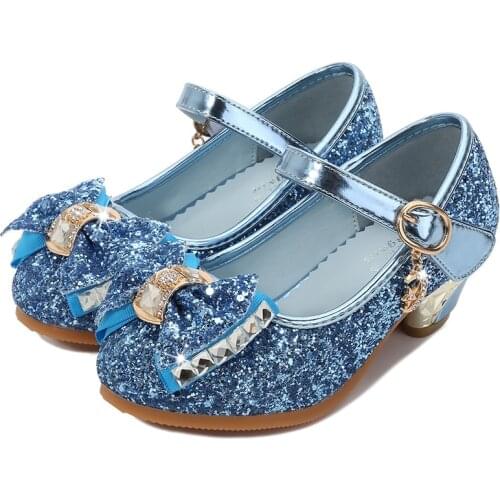 Fashion Princess Girls High Heels Shoes Sequined Bling Glitter Bow-knot Crystal Pendant Children Leather Shoes For Wedding Party