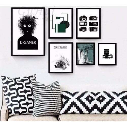 Nordic retro black and white letter typography camera art poster wall pictures for living room decoration canvas painting