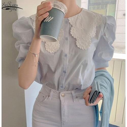 Single Breasted Short Sleeve Summer Blouse Sweet Peter Pan Collar Shirts Women Fashion Loose Blue Shirt Female Clothing 13846