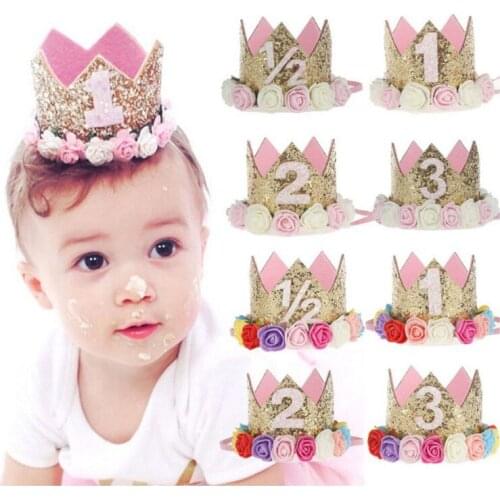 Cute Princess Baby Girl Birthday Party Hat Flower Crown Party Headband Gold Hairband Hair Accessories For Photography Props