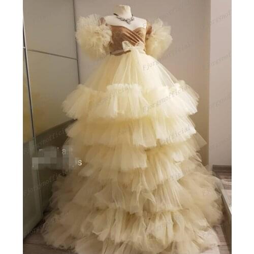 Real Image Ball Gown Princess Dress Ruffles Tiered Lace Top Short Sleeve Tulle Robe Womens Party Dresses Bridal Gowns with Sash
