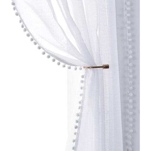 Romatic White Pompom Sheer Curtains for Living Room Linen Textured Window Curtain Draperies for Bedroom Princess Room