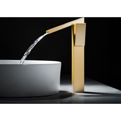 Bathroom Basin Faucets Solid Brass Sink Mixer Hot & Cold Single Handle Deck Mounted Lavatory Kitchen Waterfall Types Crane Gold