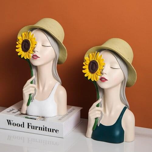 Flower Girl Sculpture Figurines Nordic Home Decoration Accessories One Piece Resin Statue Modern Living Room Office Desk Decor