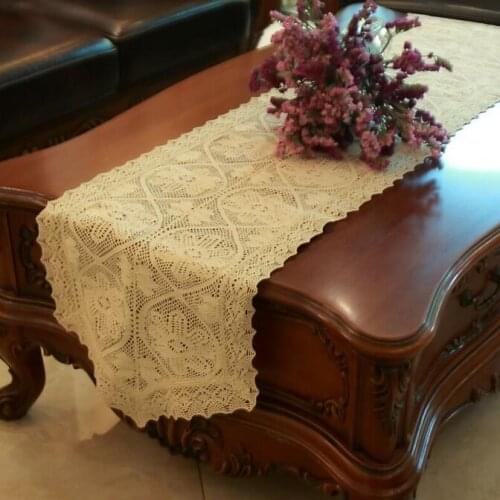 American European Style Lace Handmade Hook Needle Crochet Cotton Table Runner Rustic Vintage Cutout Knitted Table Runner Cloth