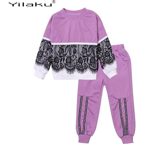 Yilaku girls sweatshirt cotton lace Patchwork girls clothing set long t shirt+pants 2pcs Autumn kids tracksuits sport suit girl